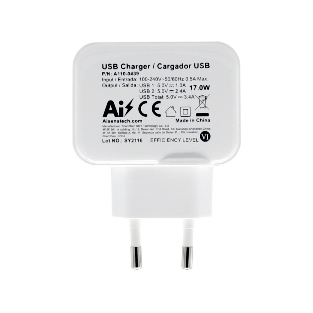Carregador Aisens USB 17W 5V/3.4A, 2xUSB com controlo AI, Branco 4