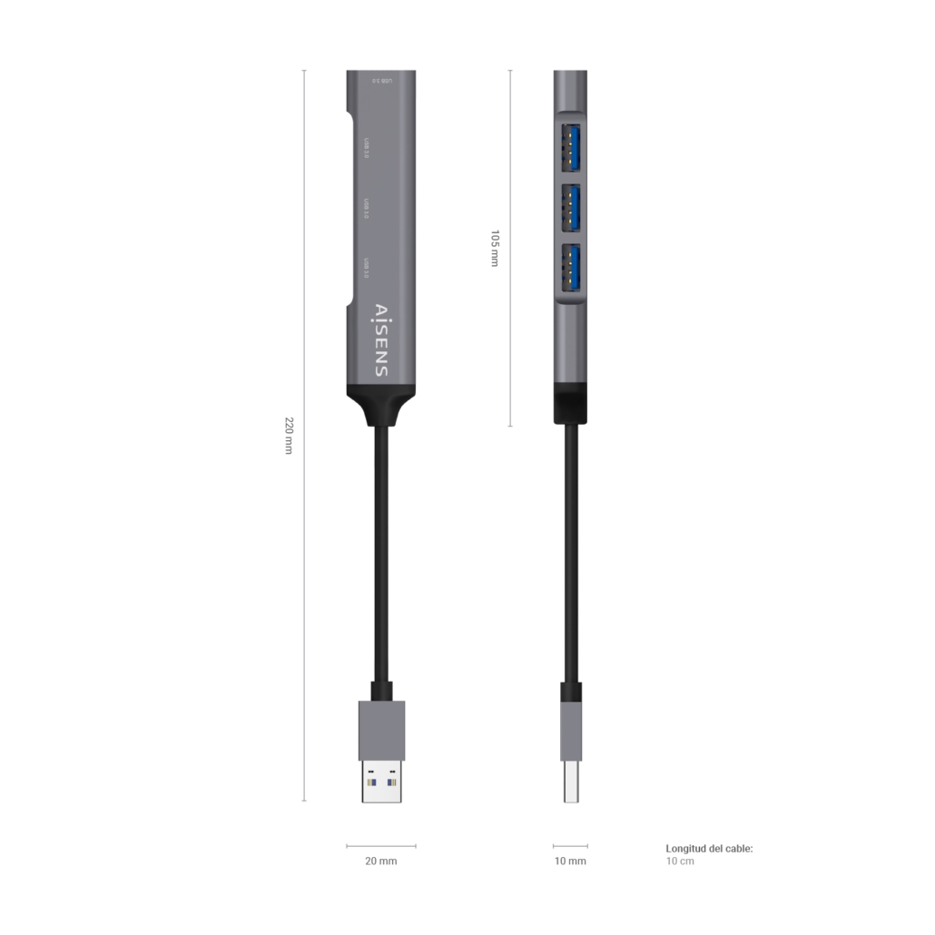 Hub USB 3.0 Aisens de 4 Portas, Alumnio, Cinza 3