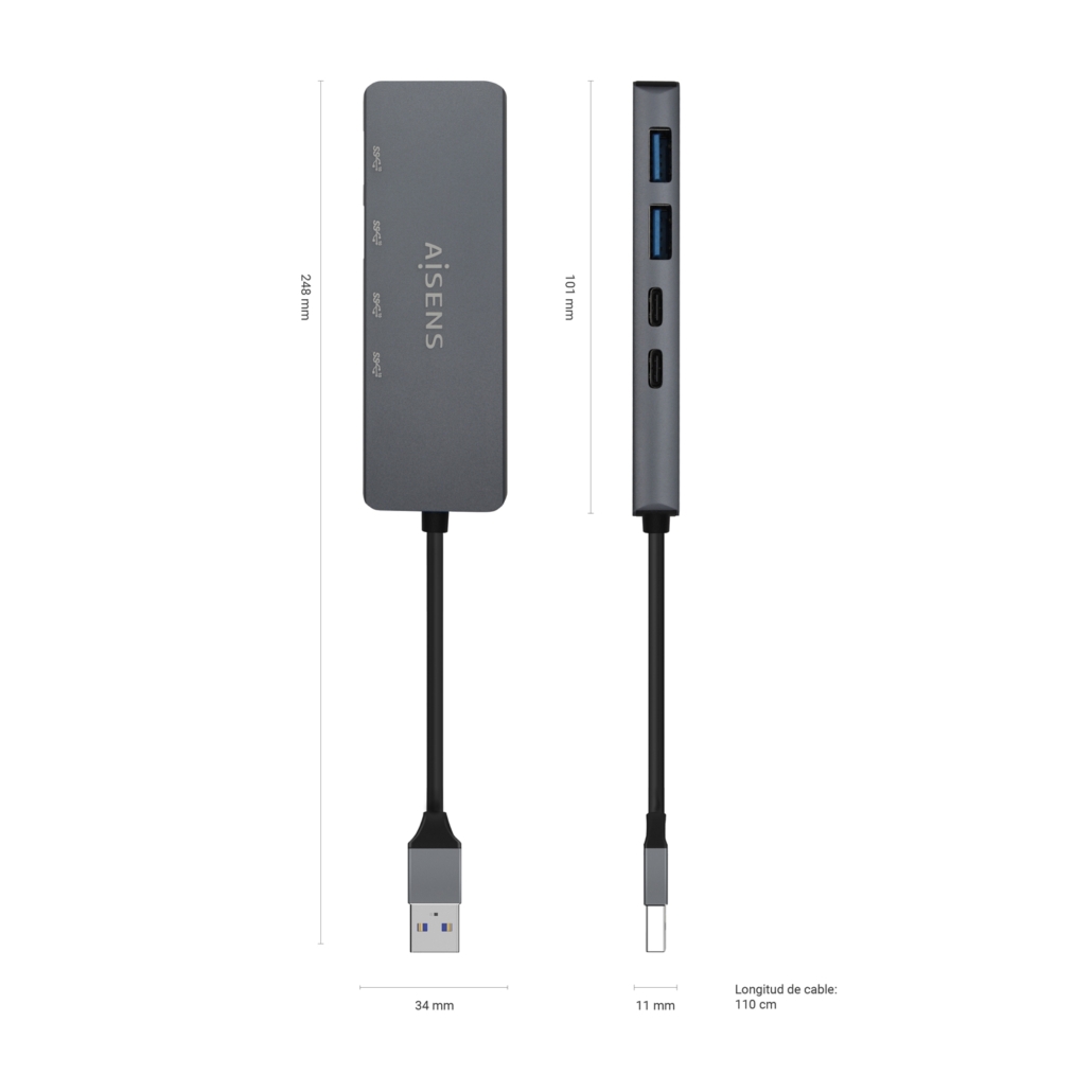 Hub USB 3.2 Aisens de 2 Portas USB-A e 2 Portas USB-C, Cinza 3