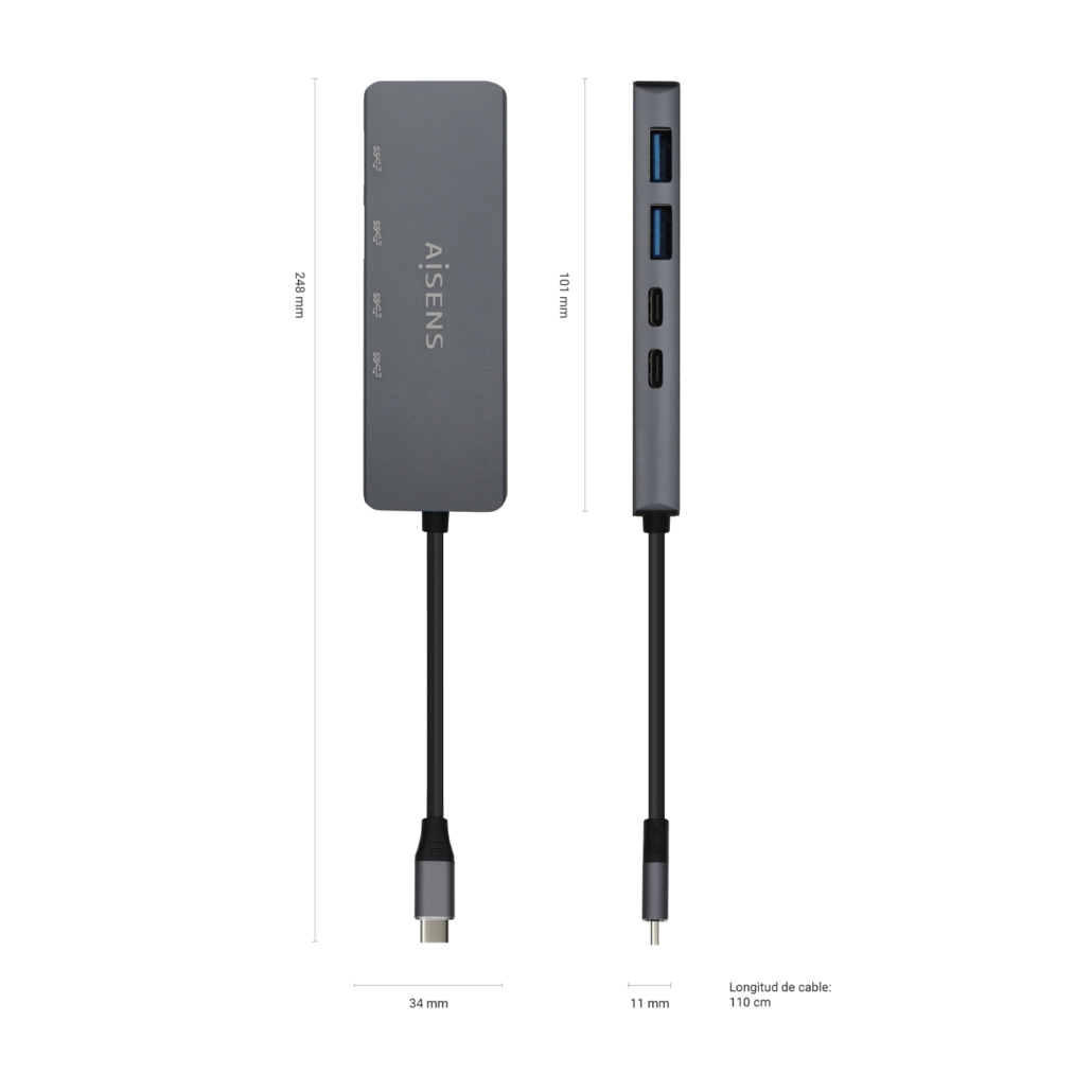 Hub USB-C 3.2 Aisens de 2 Portas USB-A e 2 Portas USB-C, Cinza 3