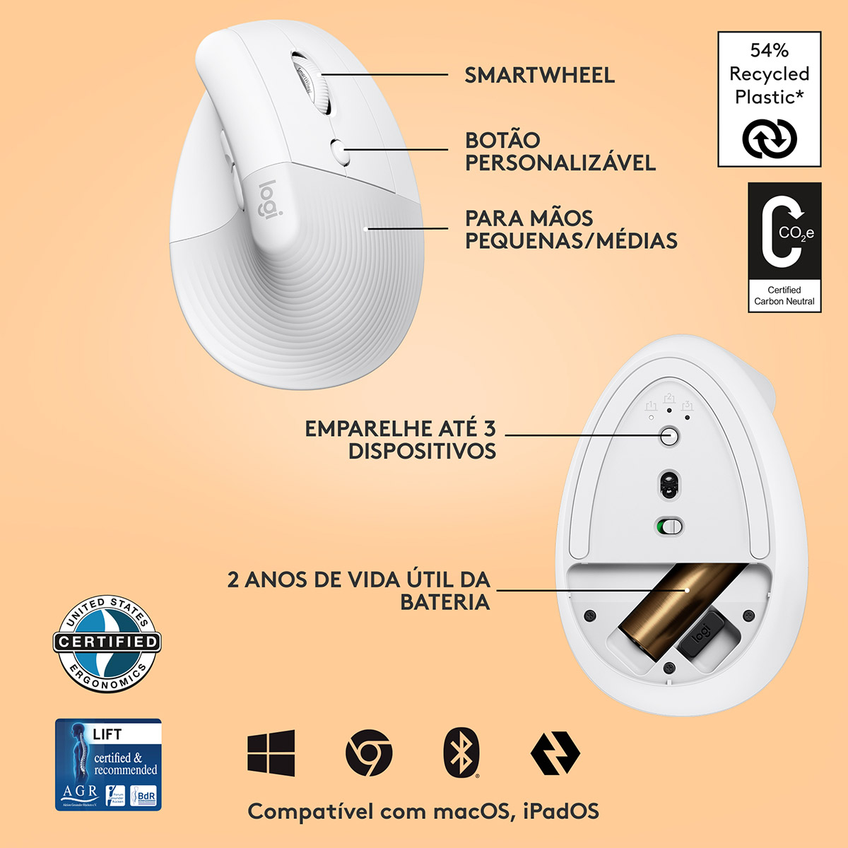 Rato Laser Logitech Lift Vertical Ergonomic Wireless/Bluetooth 4000DPI White 4