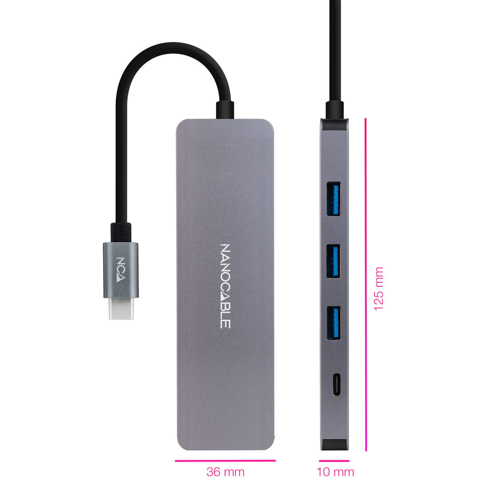 Hub Nanocable USB-C a 3xUSB3.0/F + 1xUSB-C/F Alumnio 10 cm, cinza 1