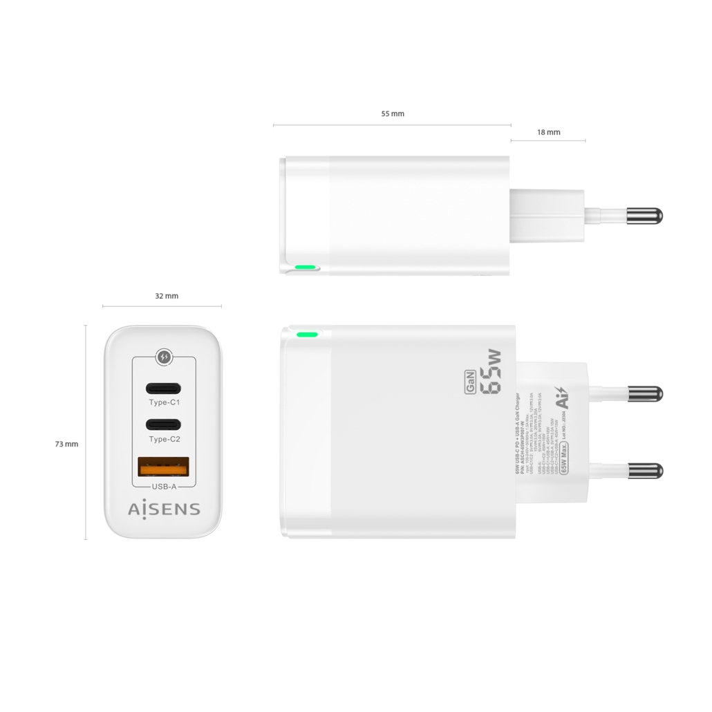 Carregador Aisens 2xUSB-C PD3.0 QC4.0, 1xUSB-A QC3.0 65W Branco 4