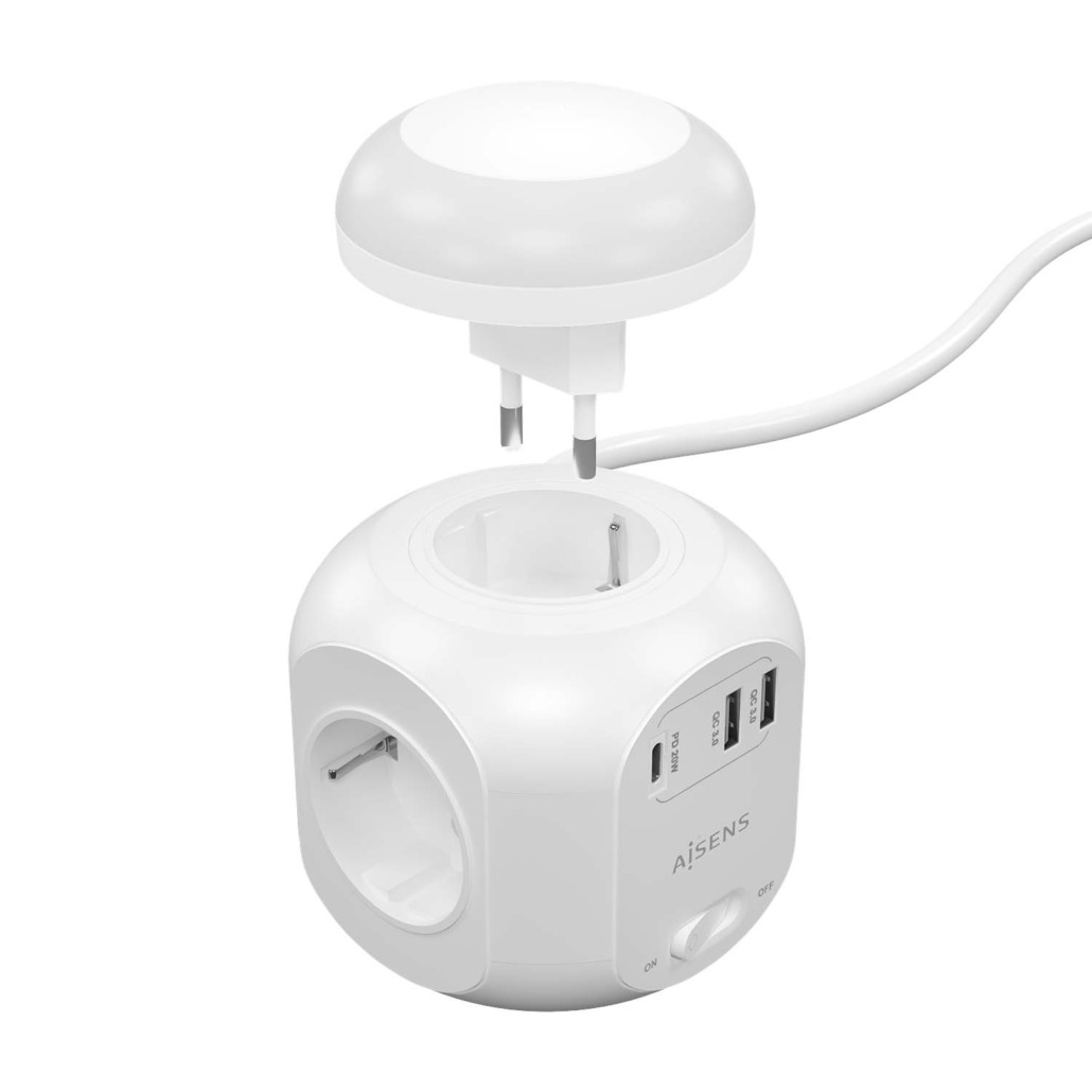 Rgua Multifuncional Aisens 4 Tomadas Schuko 16A + 1xUSB-C 20W PD3 + 2xUSB-A 18W QC3.0 Branca 2