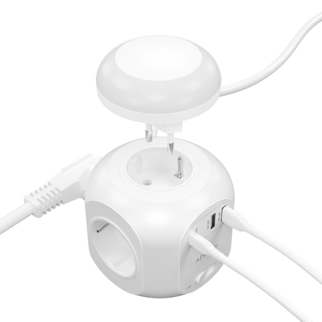 Rgua Multifuncional Aisens 4 Tomadas Schuko 16A + 1xUSB-C 20W PD3 + 2xUSB-A 18W QC3.0 Branca 3