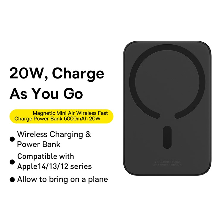 Powerbank Baseus Magnetic Mini Air 6000mAh 20W MagSafe Wireless Fast Charging Preta 4