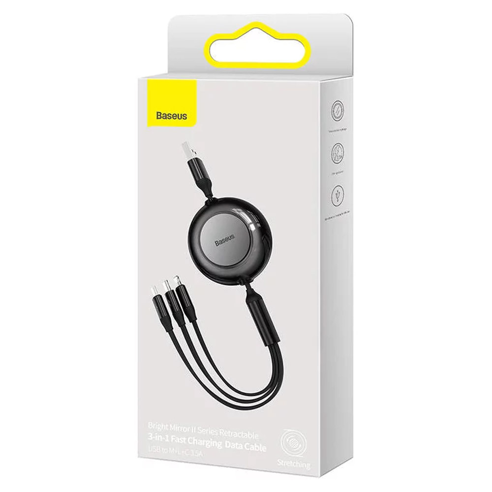 Adaptador Baseus Bright Mirror 2 Retrtil USB-A 3-em-1 (Lightning + USB-C + MicroUSB) 1.1m Preto 4