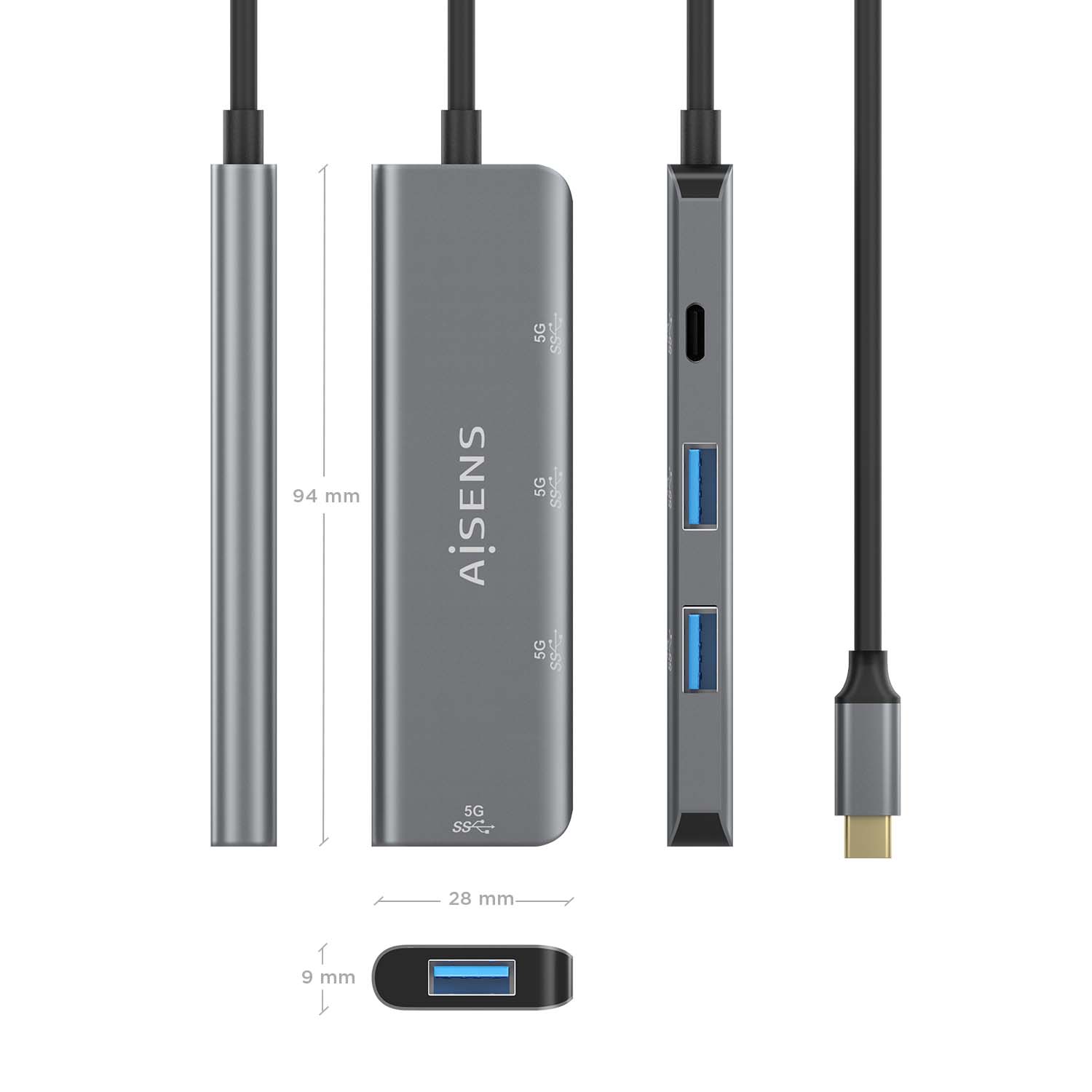 Hub USB-C 3.2 Aisens de 3 Portas USB-A e 1 Portas USB-C, Cinza 3