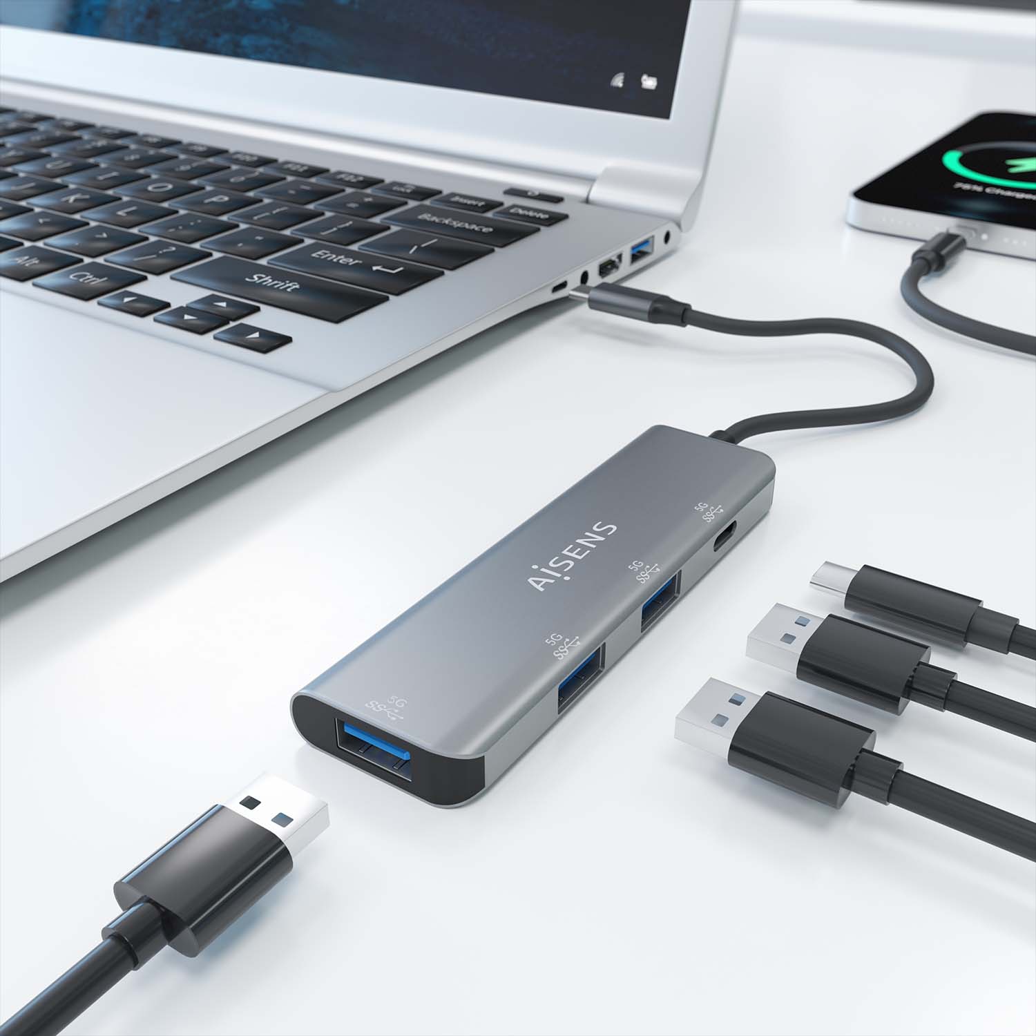 Hub USB-C 3.2 Aisens de 3 Portas USB-A e 1 Portas USB-C, Cinza 4