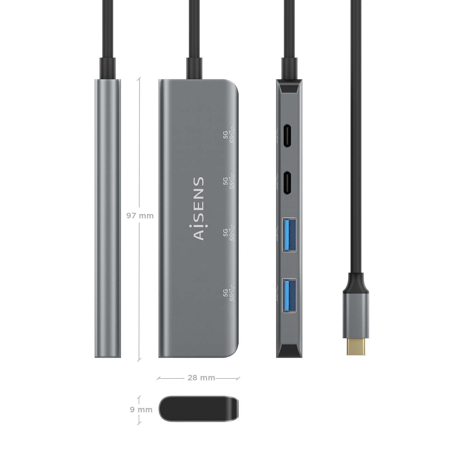 Hub USB-C 3.2 Aisens de 2 Portas USB-A e 2 Portas USB-C, Cinza 3