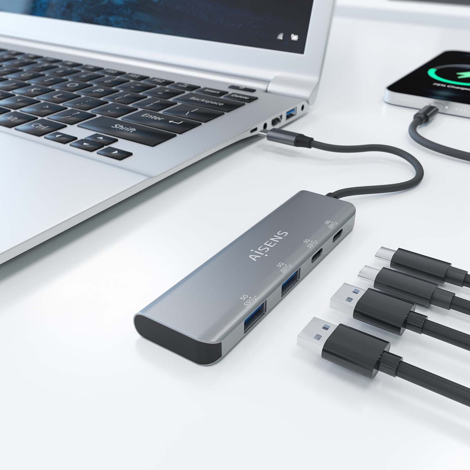 Hub USB-C 3.2 Aisens de 2 Portas USB-A e 2 Portas USB-C, Cinza 4