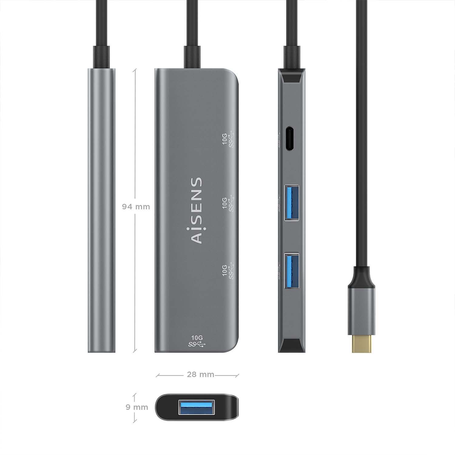 Hub USB-C 3.2 10G Aisens de 3 Portas USB-A e 1 Portas USB-C, Cinza 3