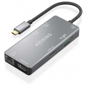 Dock Aisens USB-C 9 em 1, USB-C para 2xHDMI, 1xRJ45, 2xUSB-A USB3.0, 1xUSB-A USB2.0, 1xUSB-C PD, 1xSD, 1xMicro SD, Cinza image