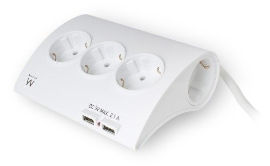 Rgua Ewent EW3935 Power Strip 5 Tomadas Schuko 16A + 2 Portas USB Branca 1