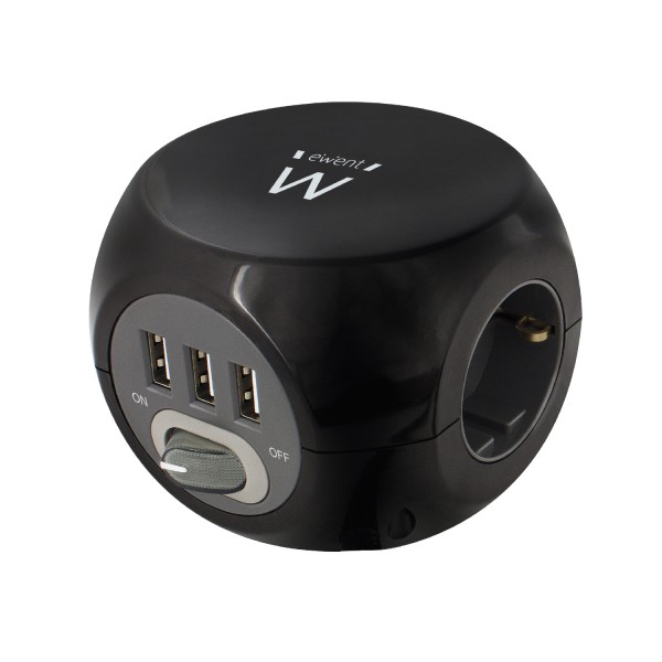 Cubo Ewent 3 Tomadas + 3 Portas USB 2.4A Cabo 1.5 metro 1