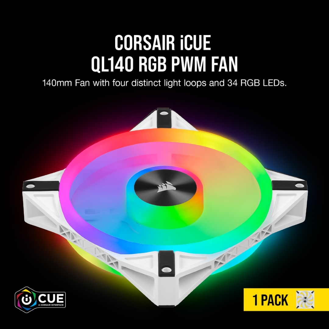 Ventoinha 140mm Corsair 1250RPM iCUE QL140 Branca RGB PWM 4