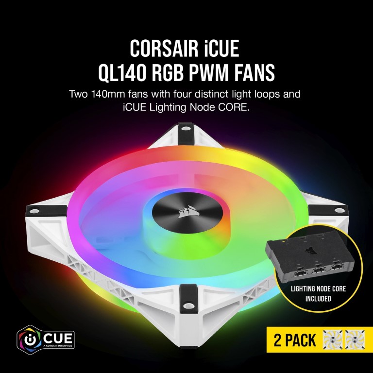 Ventoinha 140mm Corsair 1250RPM iCUE QL140 Branca RGB PWM Kit Dual Fan + Node Core 3